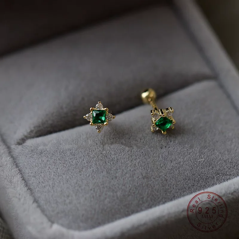 

925 Sterling Silver Plating 14K Gold Exquisite Green Zircon Geometry Stud Earrings For Women Fine Jewelry