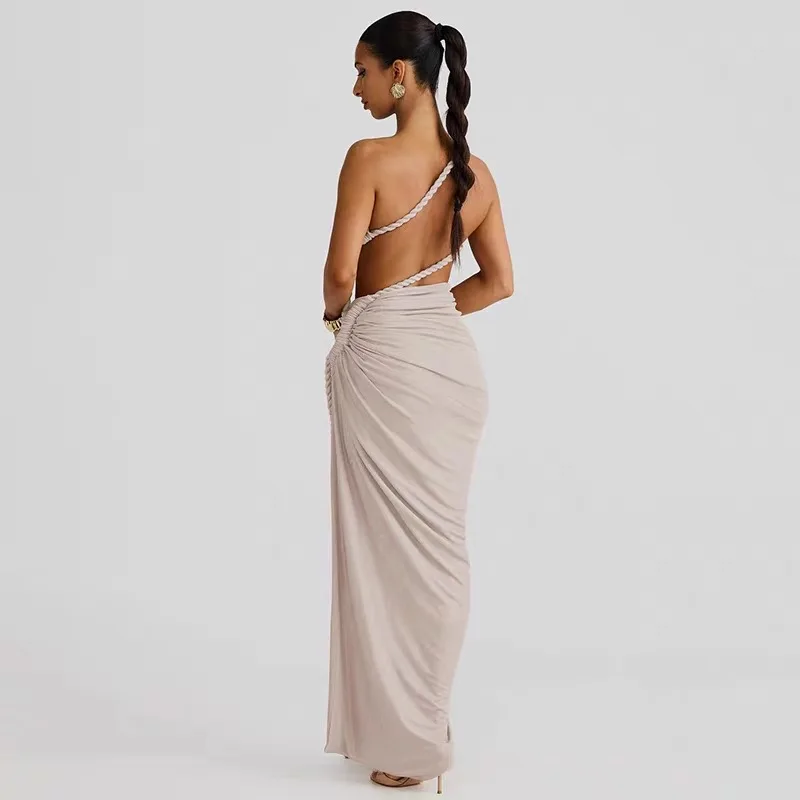 女性スキューネックドレスレディスプリットスリム巾着中空アウトストラップレスサマーロングドレス Famle パーティーディナー宴会 Vestidos