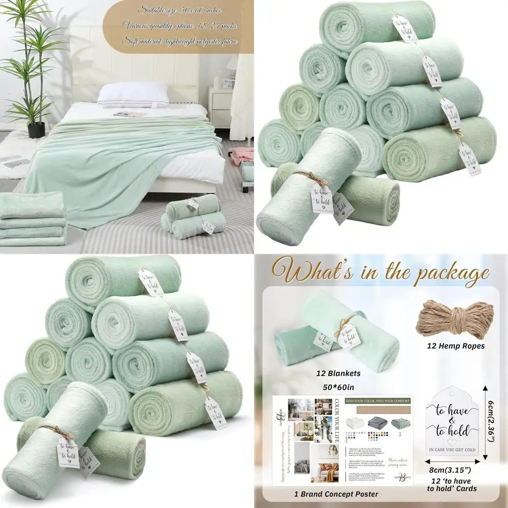 

Bulk 50x60 Sage Green Flannel Wedding Blankets with Card & Rope, Soft Fleece for Gifts & Home