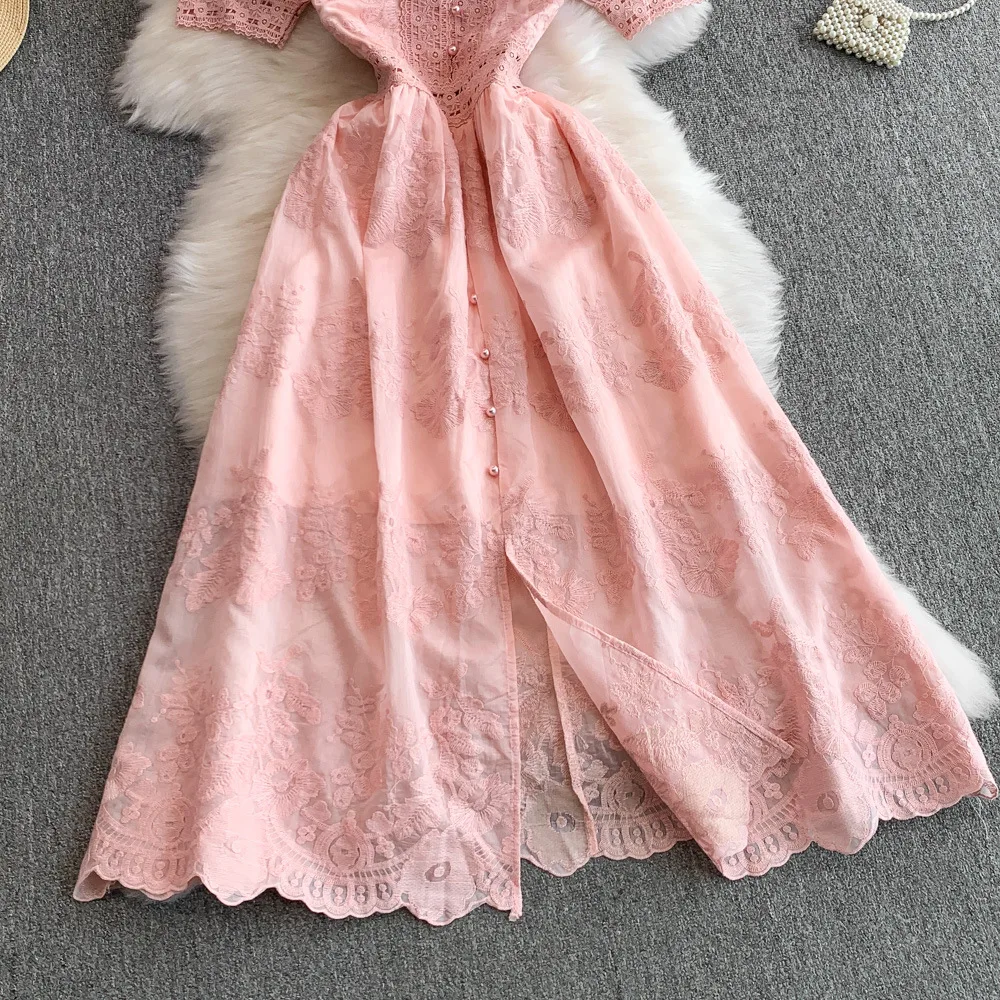 UNI 夏秋ホリデー中空フラワー刺繍レースイブニングプロムドレス女性半袖ミディロングパーティー Vestidos