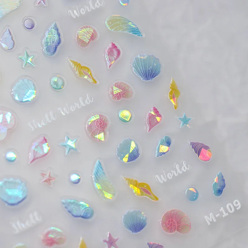 1pcs Beach Shells 3D Nail Stickers Laser Gradient Adhered Slider Cartoon Starfish Jellyfish Decals For Y2K Summer