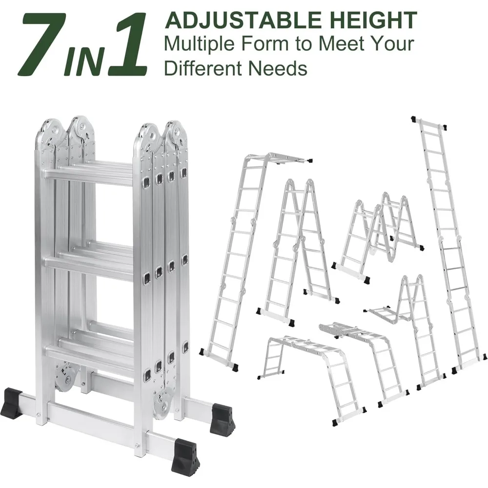 Escalera de extensión multiusos de aluminio 7 en 1: capacidad de 330 libras, escalera de andamio plegable de 12,5 pies para el hogar y la taller