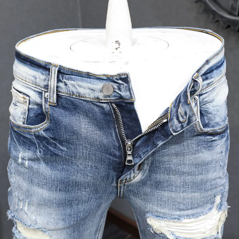 High street fashion new jeans stretch slim fit washed light blue jeans hip-hop brand patchwork high-quality pants hombre