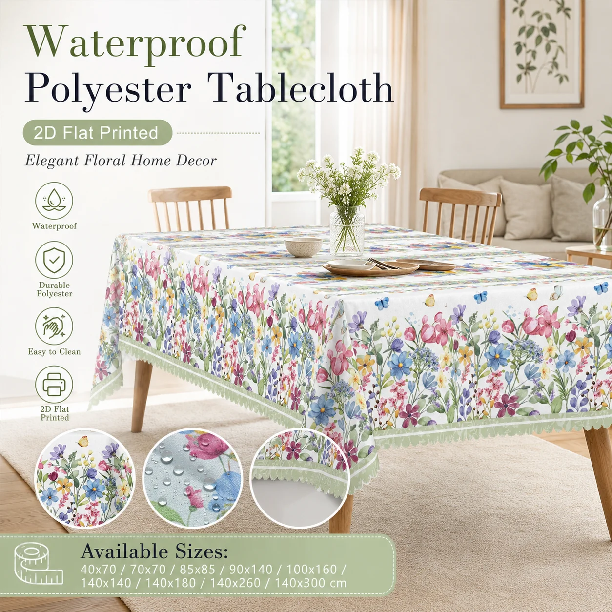 

Elegant Botanical Floral Tablecloth 2D Flat Printed Waterproof Polyester Fabric Table Cover For Living Room Coffee Table Desk