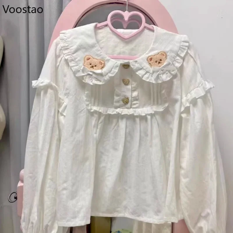 Lolita Blouse Japanese Women Sweet Little Bear Embroidery Peter Pan Collar Long Bunny Ears Cotton Shirt Sweet Cute Blusas Mujer