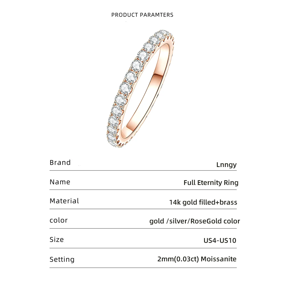 Lnngy Sparkling 2mm Moissanite Eternity Ring 14k Gold Filled Wedding Band For Women Certified Lab Diamond Stackable Ring Jewelry