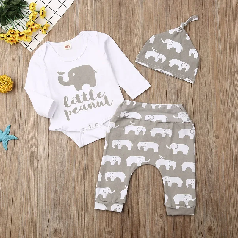 

Newborn Baby Boy Pant Sets Autumn Clothes Long Sleeve Letter Elephant Bodysuit and Elephant Print Pants Hat Baby Items Clothing