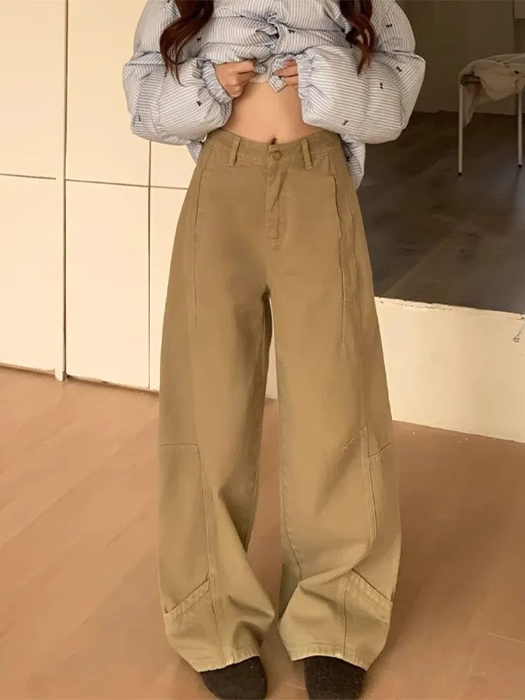 Blue Jeans Women'S Trousers Cargo Pocket Military Utility Work Wear Relaxed Loose Green Brown Trouers Khaki Boyfriend Washed