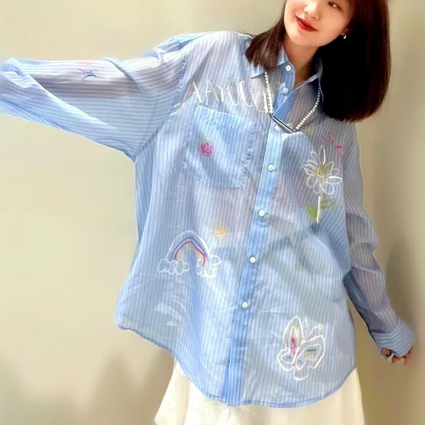 

New Young Ladies Long Cartoon Blouses Loose Sequins Embroidery Shirt Stripped Casual Fruit Floral Thin Sun Shirts Blouse NZ111
