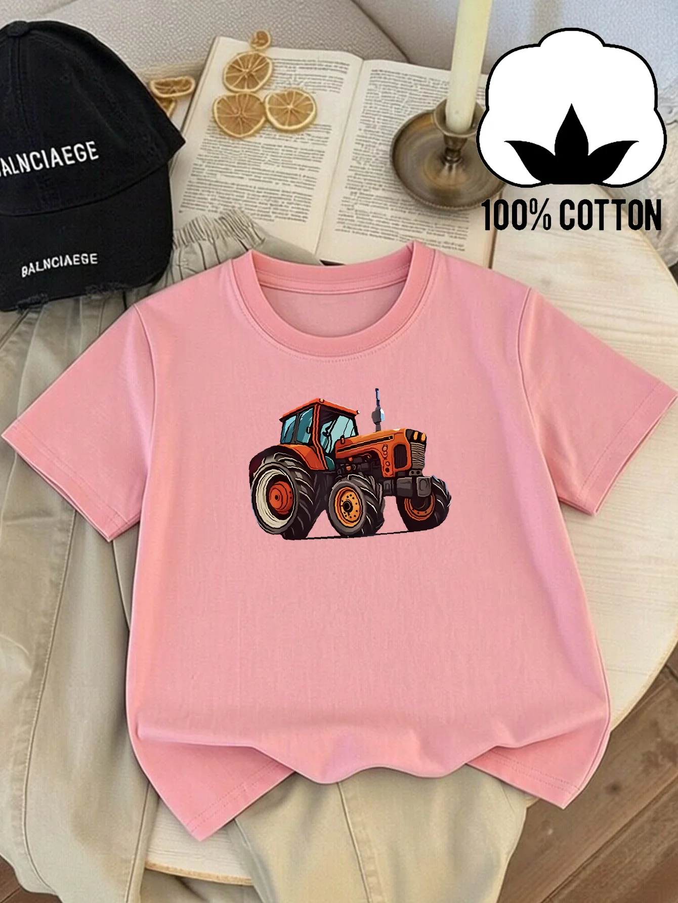 Tractor Design Pattern Printed Orange Machine Washable Outdoor Activity Top Comfortable Fun Printed Parent Child T-shirt