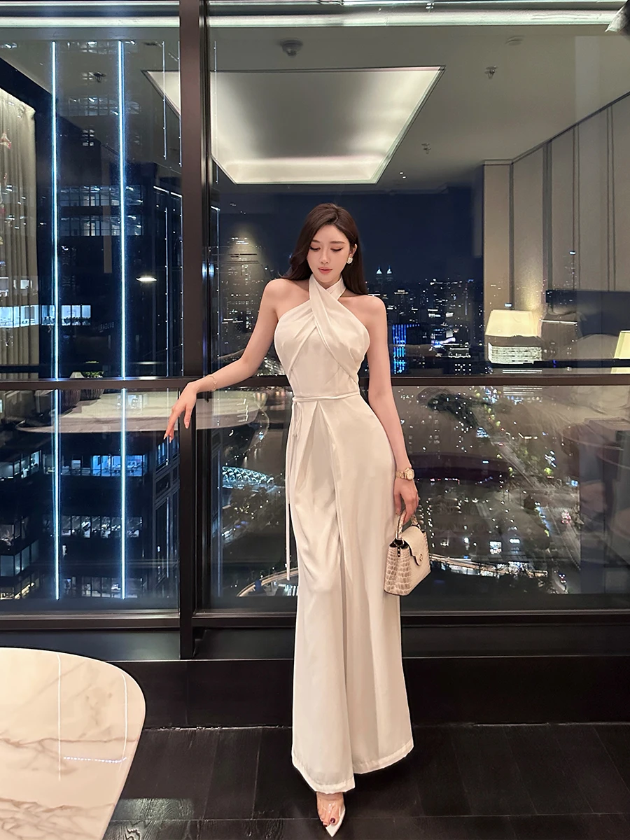 

Белый комбинезон Ele White Cross-Ne Svel с высокой талией, широкими штанинами, поясом и дизайнерским декором, из полиэстера, летний, модный