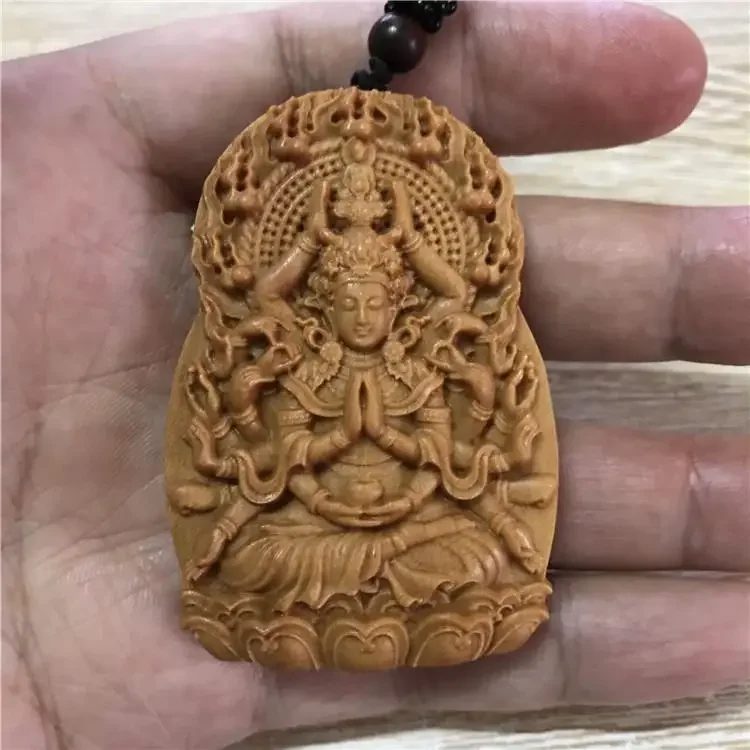 2025 Natural Sandalwood Thousand-hand Guanyin Pendant Belongs Patron Saint of The God Wooden Buddha Plaque Bodhisattva Necklace