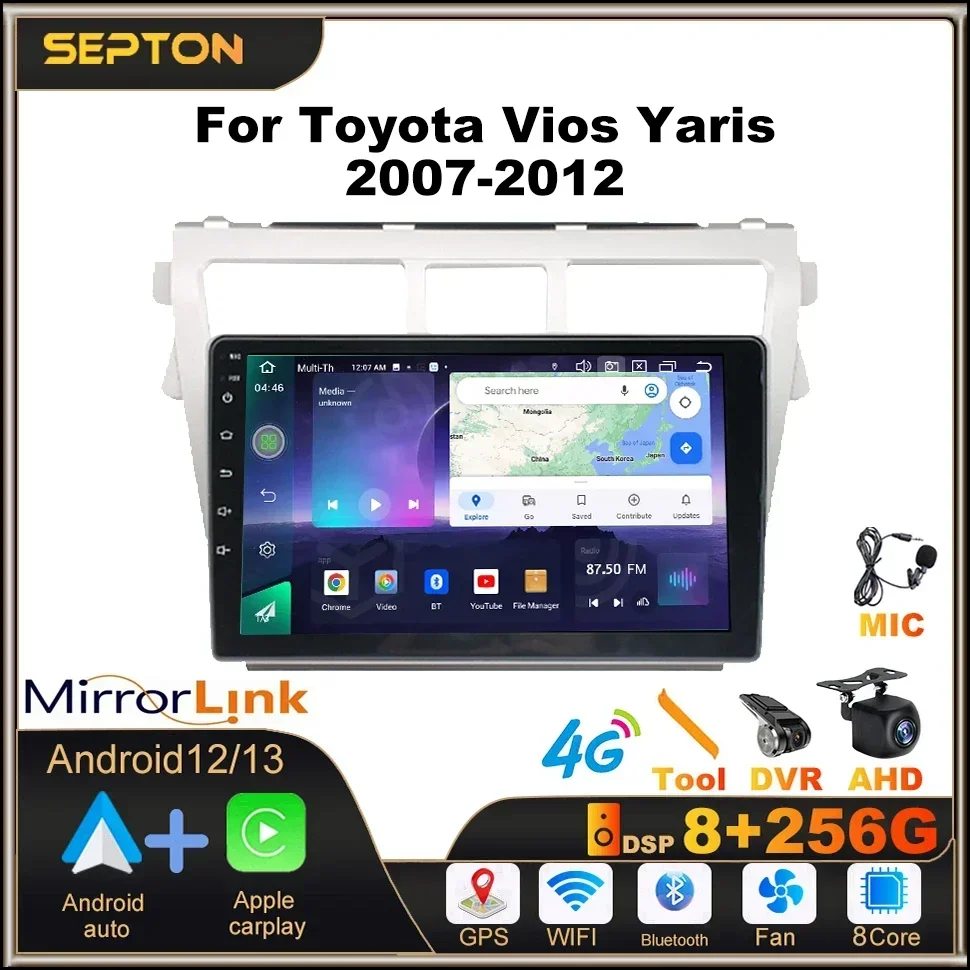 

SEPTONWifi Android Car Radio For Toyota Vios Yaris 2007-2012 Multimedia Player GPS 4G Android Auto 2Din CarPlay Stereo 8+128G