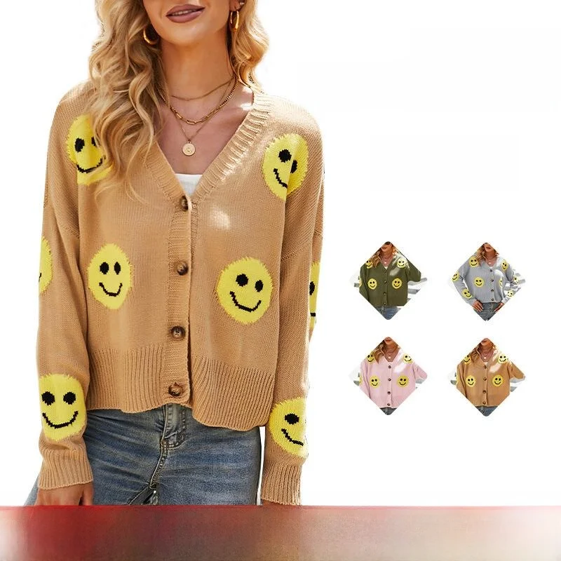 

Sweet Smiling Face Knitted Open Cardigan Women's Loose Long Sve V-Ne Sweater Jaet 2025 New Sle Fitted Casual Outerwear