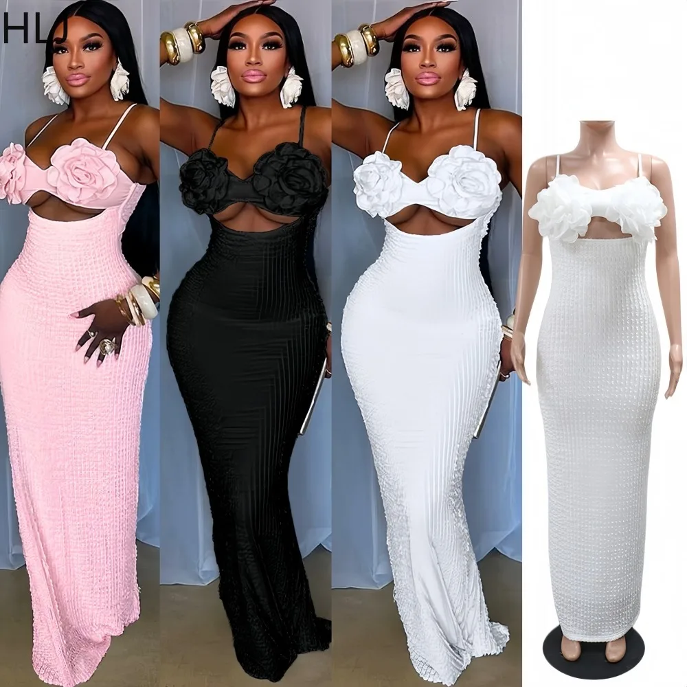 

HLJ Sexy White Flower Patchwork Bodycon Maxi Dress for Women Spaghetti Strap Sleeveless Backless Dresses Elegant Party Clubwear