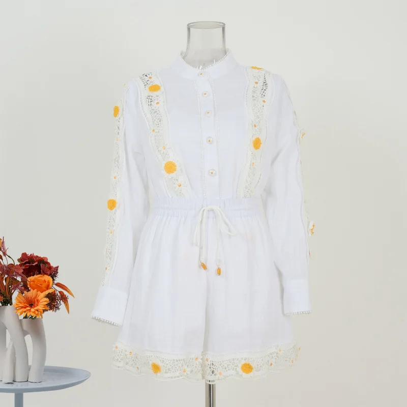 Primavera 2025 New Sle Holiday Wind Linen Flower irt Vita alta in pizzo Dr Faion da donna Thiened Spring Dr Vita ampia