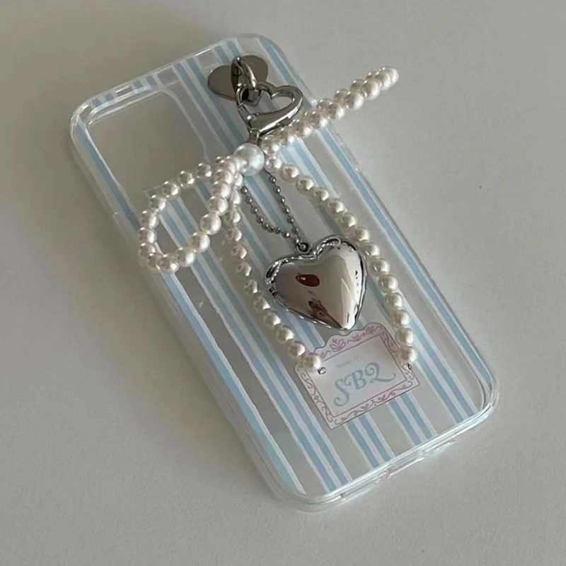 Cute Bow Pearl Mobile Phone Pendant Chain Y2K Heart Shape Pendant With Mobile Phone Accessories Camera Bag Keychain