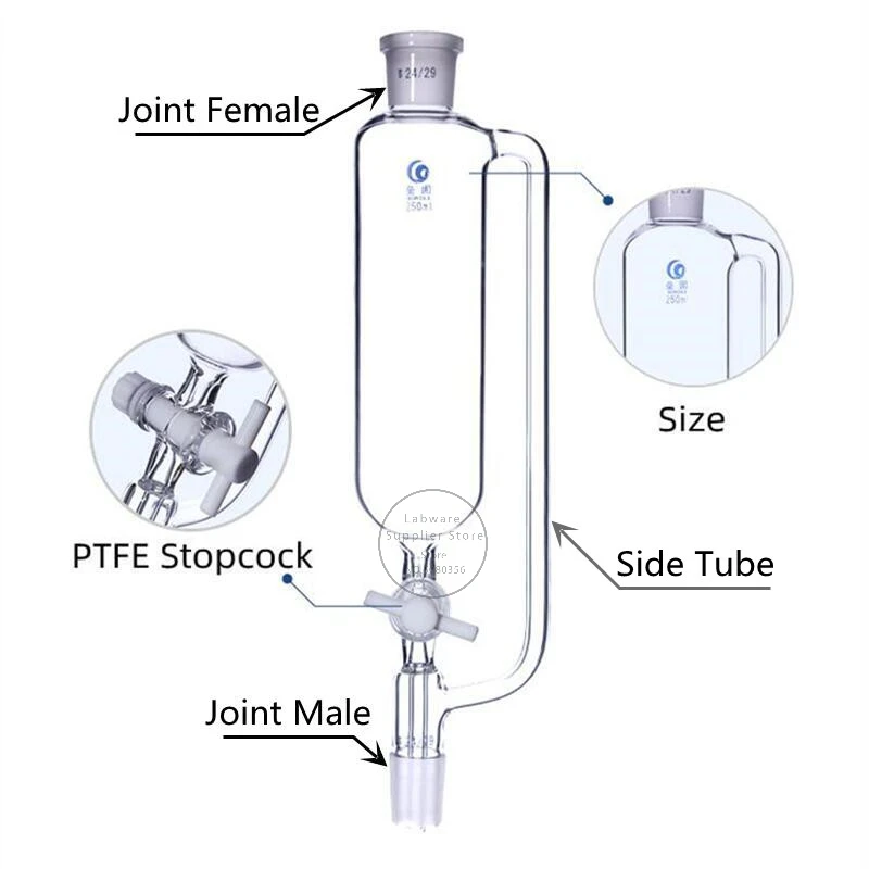 Embudo de separación de presión constante con pistón de PTFE, embudo de gota para experimentos de extracción de laboratorio, 25ml a 1000ml, 1 piezas