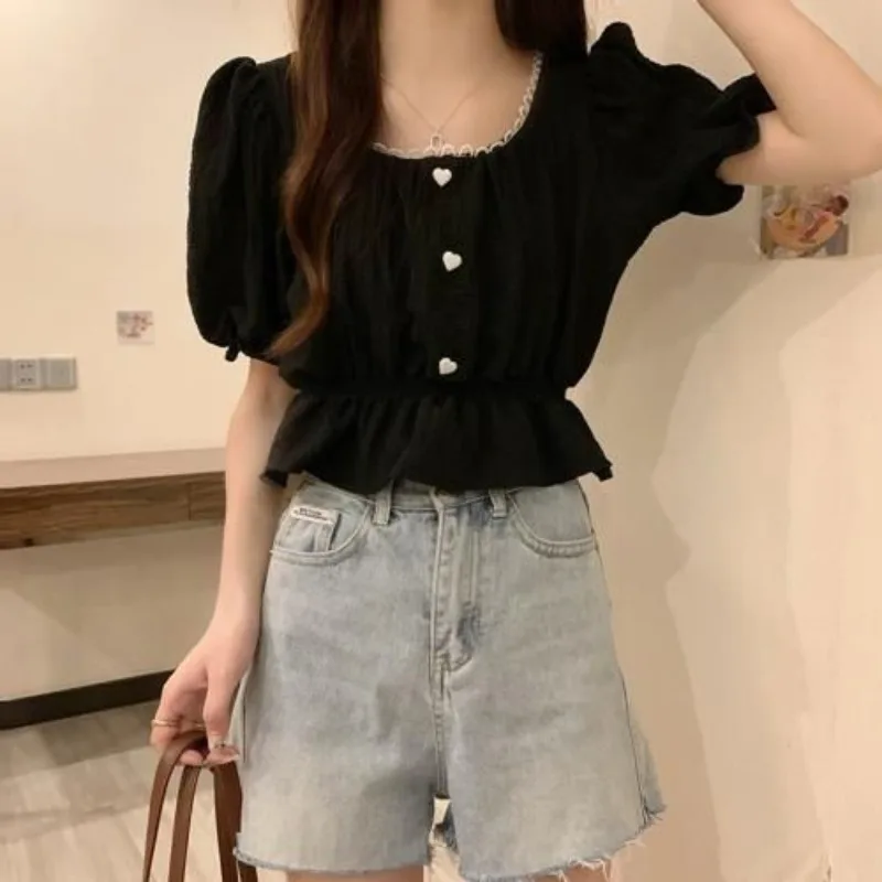 Ruffles Shirts and Blouses Korea Summer Fashion Woman Blouse 2024 Solid Top Female Short Sleeve Heart Shirts Sweet Clothes New