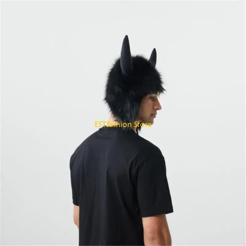 Y5GC إيرفلاب قبعة تأثيري الحيوان أغطية الرأس الشتاء قبعة دافئة مع الثور القرن للنساء المراهقات هالوين زي حفلة الملحقات #2