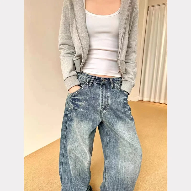 Vrouwen Vintage Klinknagel Gothic Zwarte Jeans Hoge Taille Jaren '90 Japanse Harajuku Losse Wijde Pijpen Broek Streetwear Micro-Flare Broek
