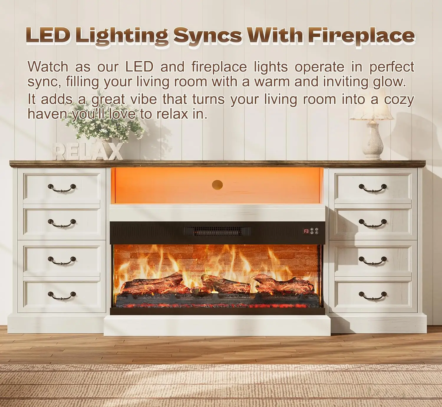 Suporte de TV com lareira com luzes LED para TV de 75 e 80 polegadas, centro de entretenimento de lareira de vidro de 3 lados, suporte de TV de fazenda de 70 polegadas