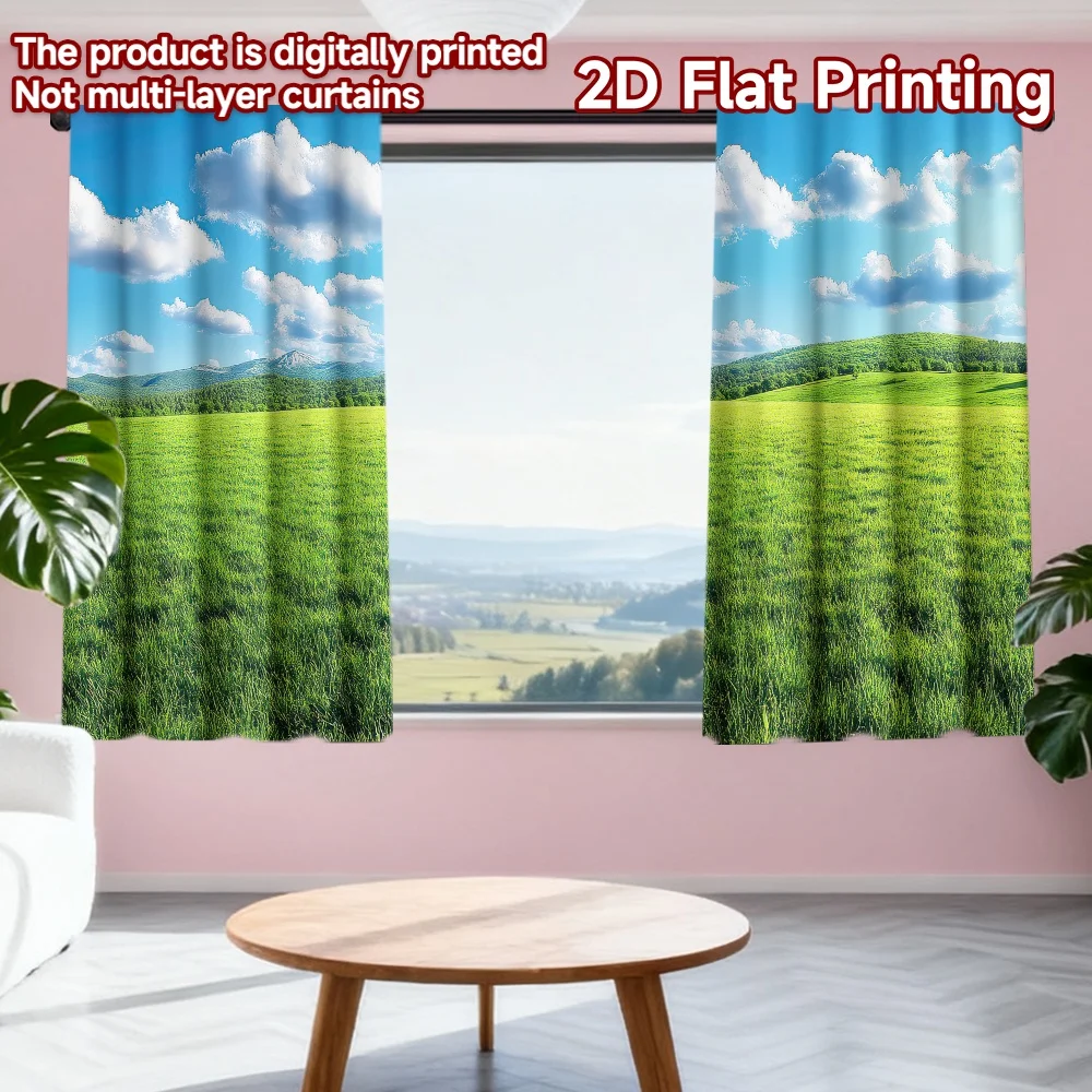 

2D flat printing 2pcs Window Curtains Sunny Green Landscape Digital Printed Polyester Drapes Party Decorations for Indoor