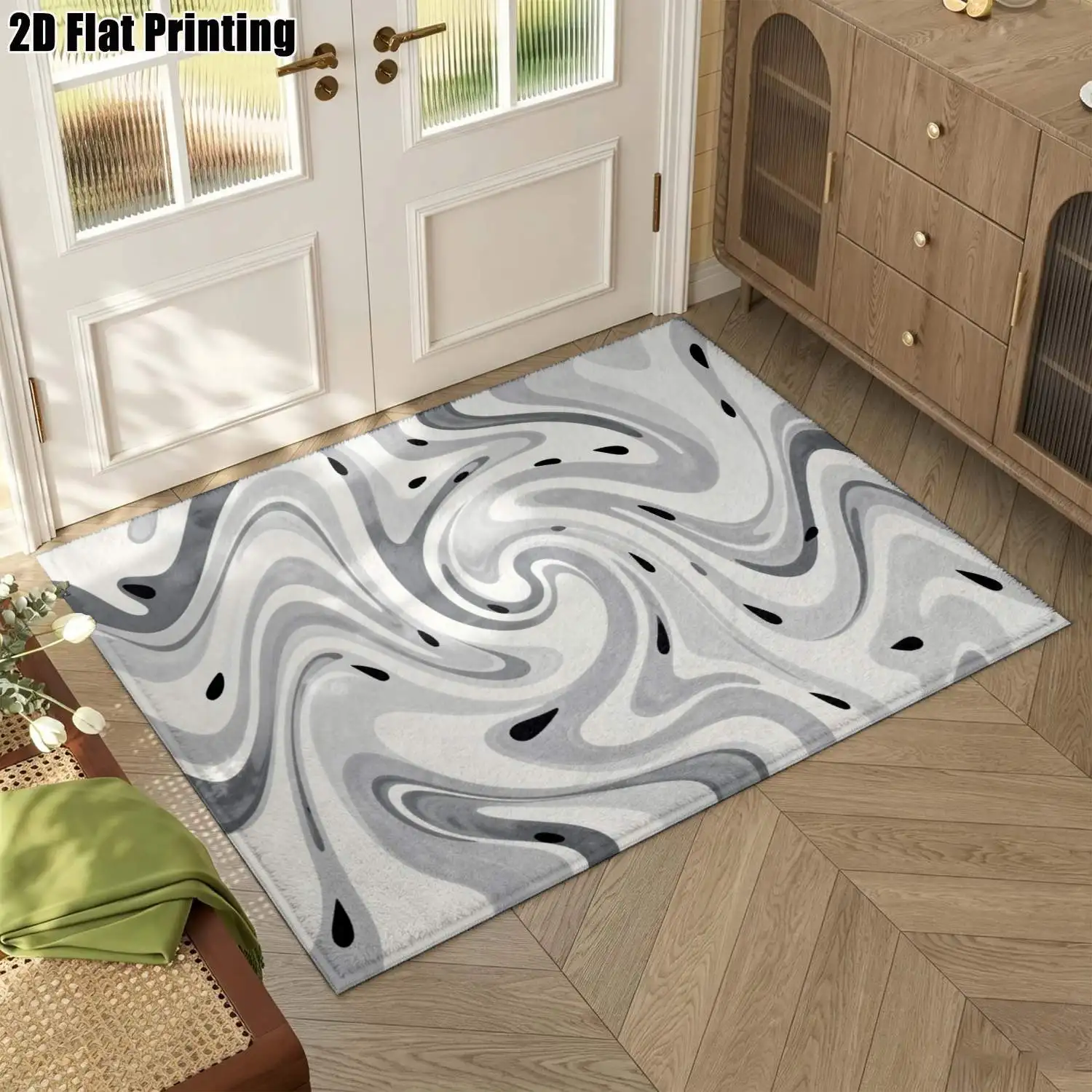 1Pc 2D Printed Carpet with Gray-White Fluid Vortex Pattern, Modern Simple Style, Instagram-Worthy Decor, Multiple Sizes, Machine Washable, Suitable for Multi-Scene Use