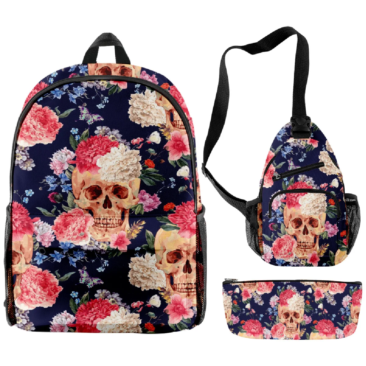 

2023 New School Season: Campus Student Backpack, Flower Skull, Suit, School Bag, Pencil Case, Shoulder