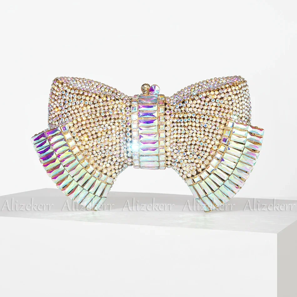 Alizekerr Crystal Bow Evening Clutch Purses Women Luxury Handmade Gorgeous Multicolor Rhinestone Metallic Handbags Party Wedding