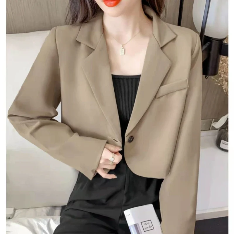 Korean Cropped Blazers Women Elegant Solid Color Single-button Outwear Tops Female All-match Long Sleeve Office Suit Jacket New