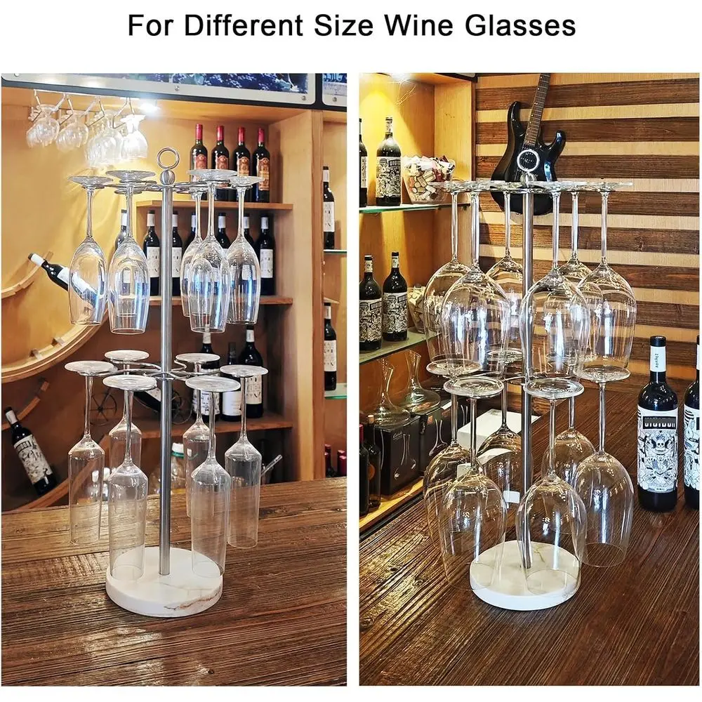 Sturdy Stainless Steel Wine Glass Holder - 12-Slot Marble Base Tabletop Rack for Stemware and Cocktail Glasses