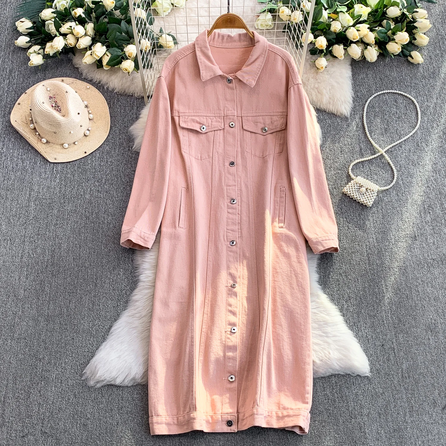 SuperAen Pink Single-breasted Denim Dress for Women 2025 Autumn New Korean Style Loose Long Dresses