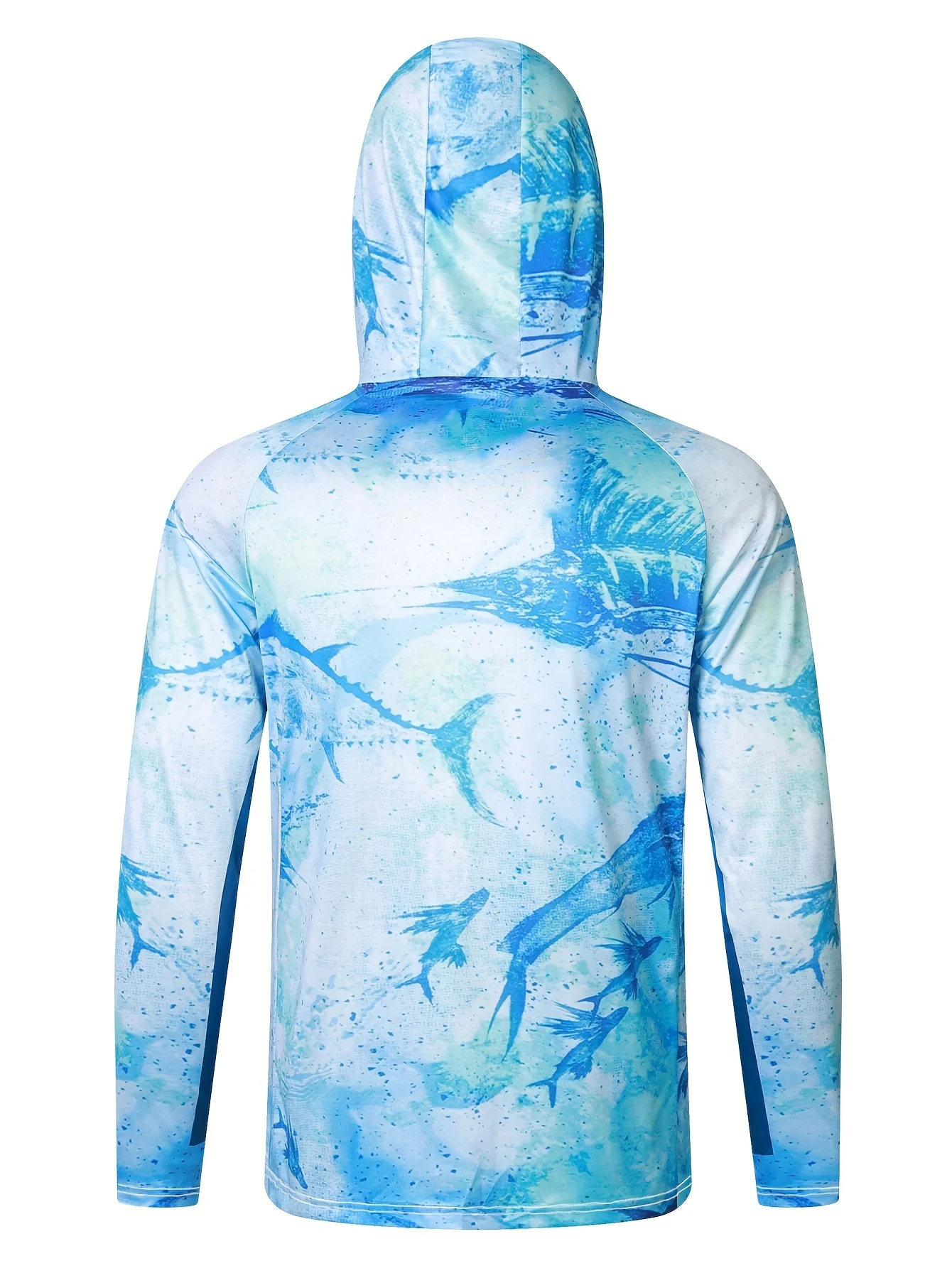 Men's Sun-Protective Hoodie with Mask - Quick Drying & Breathable, Stretchy Long Sleeve with Swordfish Design for Fishing & Outd