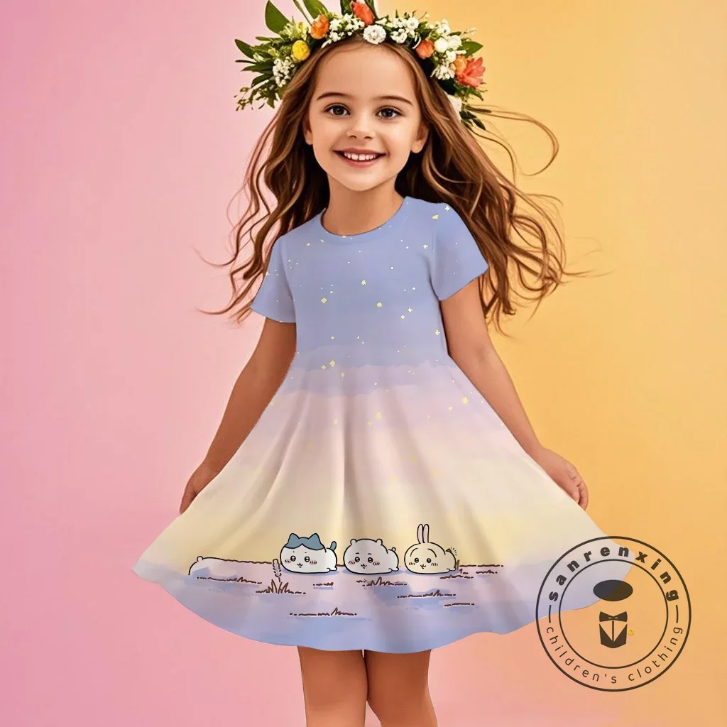 

Fashion 3D Printing Dress Kids Birthday Gift 2025 Summer chiikawa Children's Short-Sleeved Dress - Cartoon Flutter Sleeve Girls