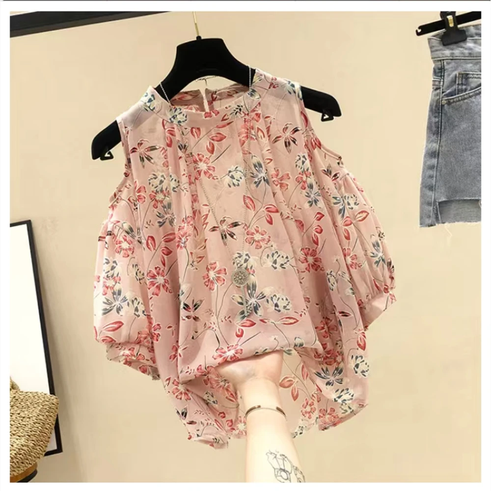 40-100kg women's clothing fat girl summer chiffon shirt fashion small fresh floral short-sleeved shirt slimming all-match shirts