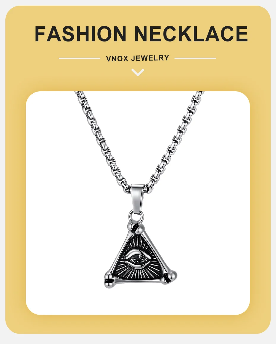 Vnox Geometrische Halskette mit Anhänger „Auge der Vorsehung“ im Dreieck, Vintage-Silberfarbene Punk-Kette, Schmuck für Männer, Glücksamulett-Geschenk – Detail 1