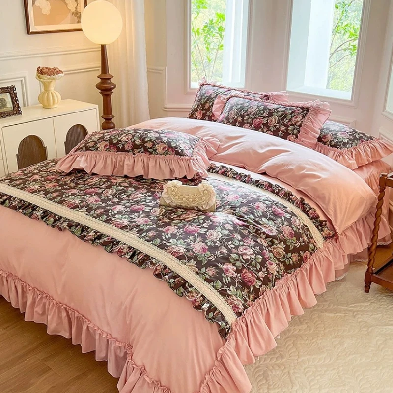 French retro cotton four-piece set of 100 pure cotton rose flower princess wind lotus leaf lace quilt cover premium bed skirt
