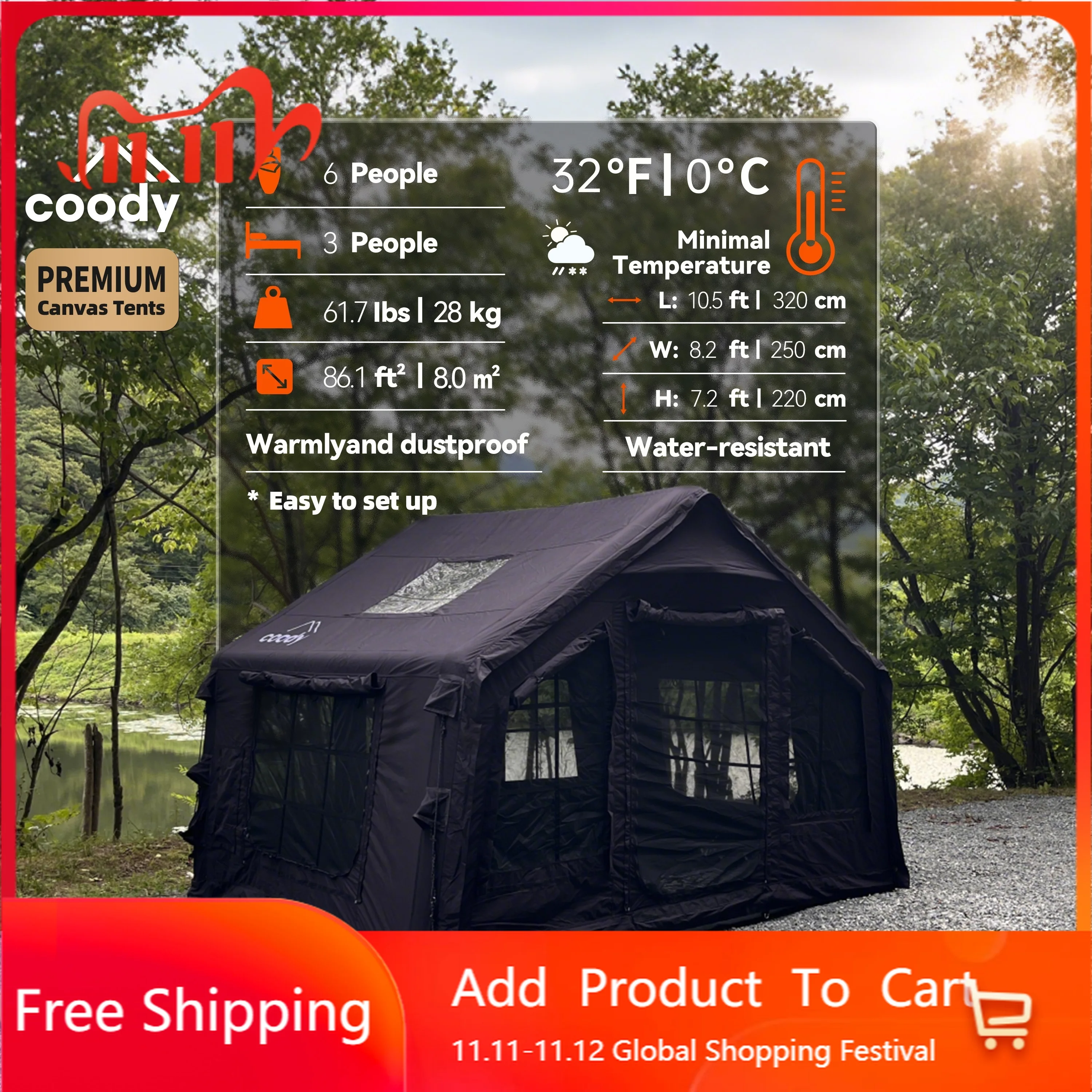 Coody 8.0 Black Inflatable Glamping Tent Outdoor Camping Shelter