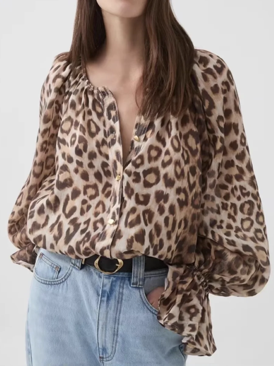 

2025 New Women Leopard Print Shirt Round Neck Lantern Sleeve Single Breasted Loose Casual Blouse Top