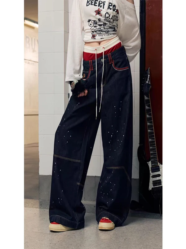 

Джинсы женские широкие с принтом Deep Blue Casual Bag Design, модные ретро-джинсы с эффектом размазанной краски, универсальные, с высокой талией