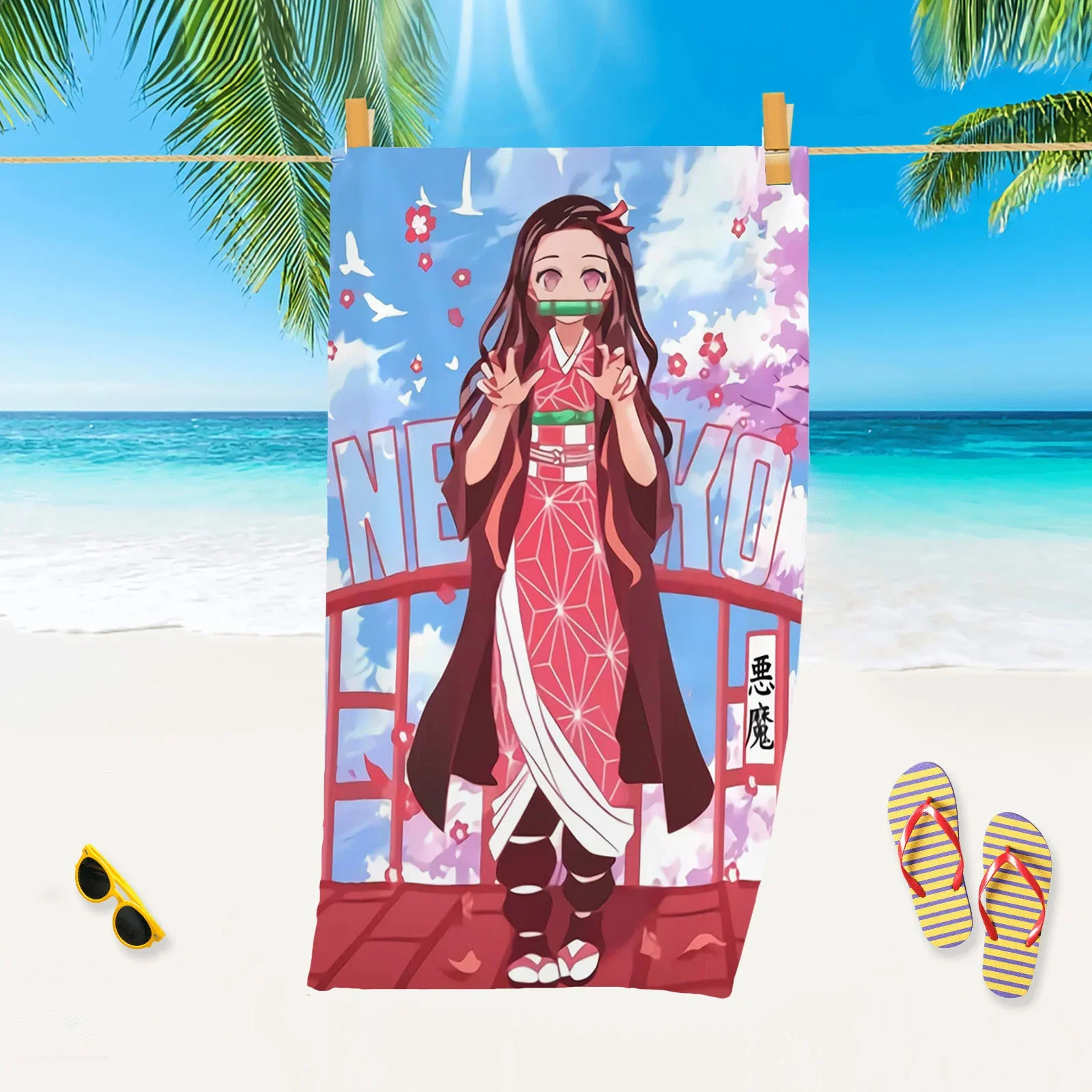 

In Stock Animation Demon Slayer Kamado Nezuko Fitness Running Sweat Practical Beach Towel Swimming Bath Towel Anime Model