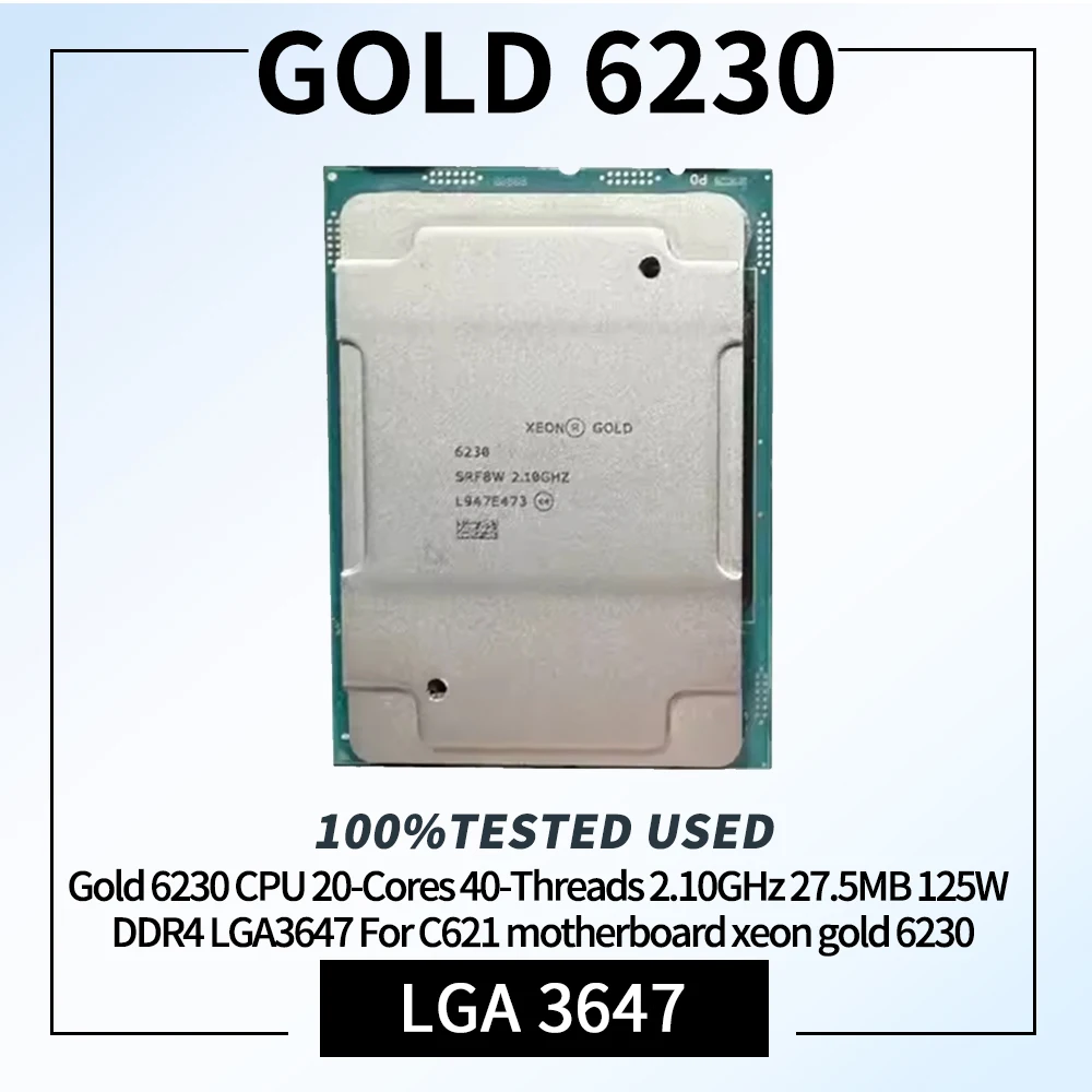 100% Tested Xeon GOLD6230 16 Core 32 Thread 2.1GHz 125W 22MB Cache 14nm Cascade Lake-SP DDR4-2933 MHz SRF9H LGA 3647