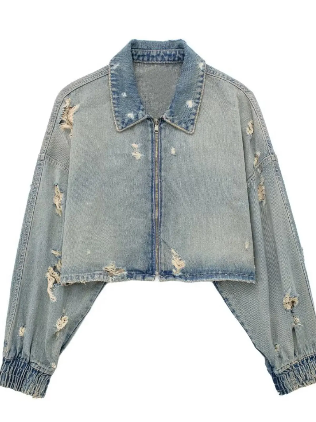 Women's Distressed Cropped Denim Jacket Vintage Washed Zip-Up Jacket Long Sleeve Elastic Cuff Short Denim Top