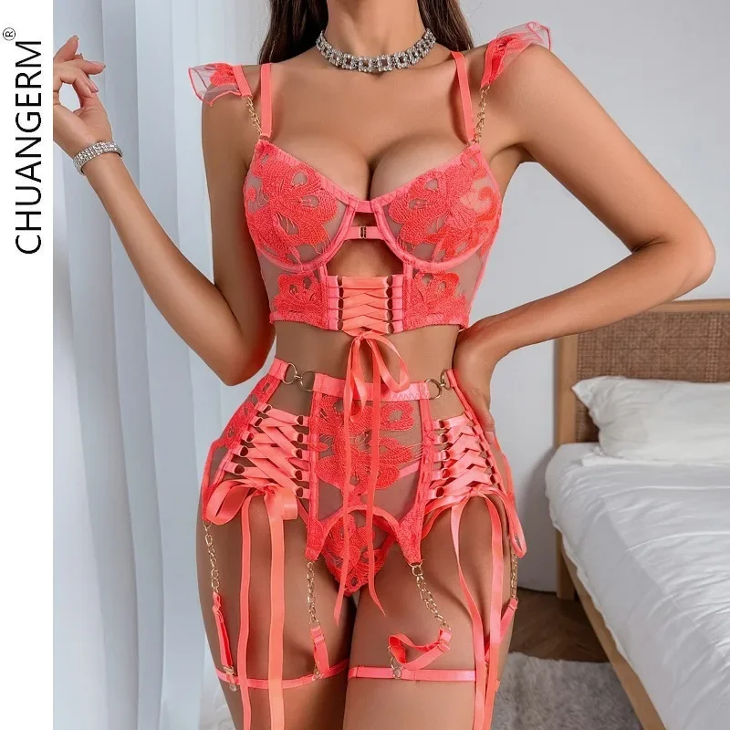 

CHUANGERM Embroidery Perspective Female Underwear Sexy Lingerie Woman Push Up Four Piece Set Strap Cutout Body Shaping