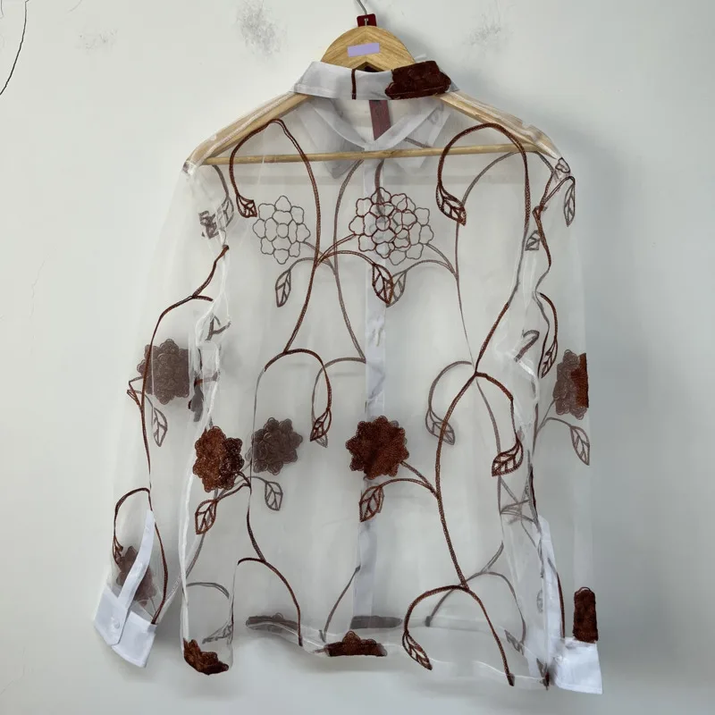 HKSH Spring Autumn Summer New Men Tide Chic Ins Line Floral Embroidery Mesh Original Loose Fit Punk Y2K Versatile Shirt HK26821