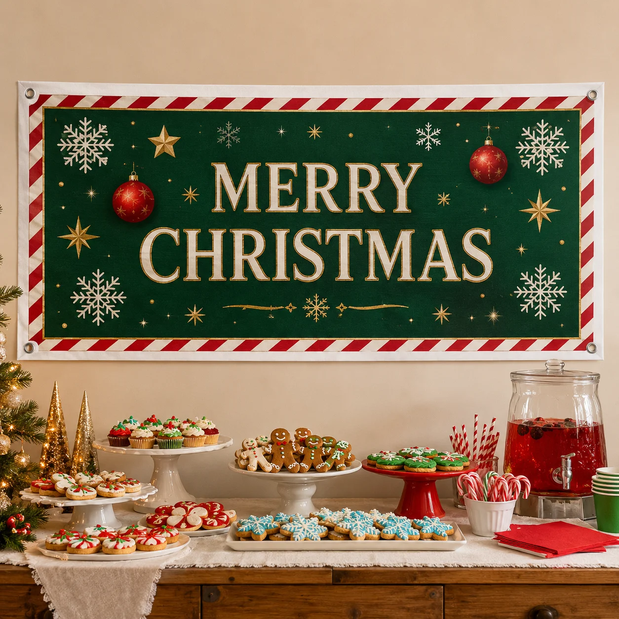 Custom Holiday Banner Personalized Christmas Polyester Banner with 4 Grommets for Wall Hanging Indoor Outdoor Party Decoration