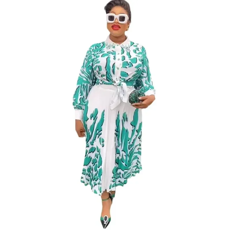 

2024 African Clothes for Women Summer Autumn Long Sleeve Print Top Long Skirt 2 PCS Matching Sets Outfit Dashiki Africa Clothing