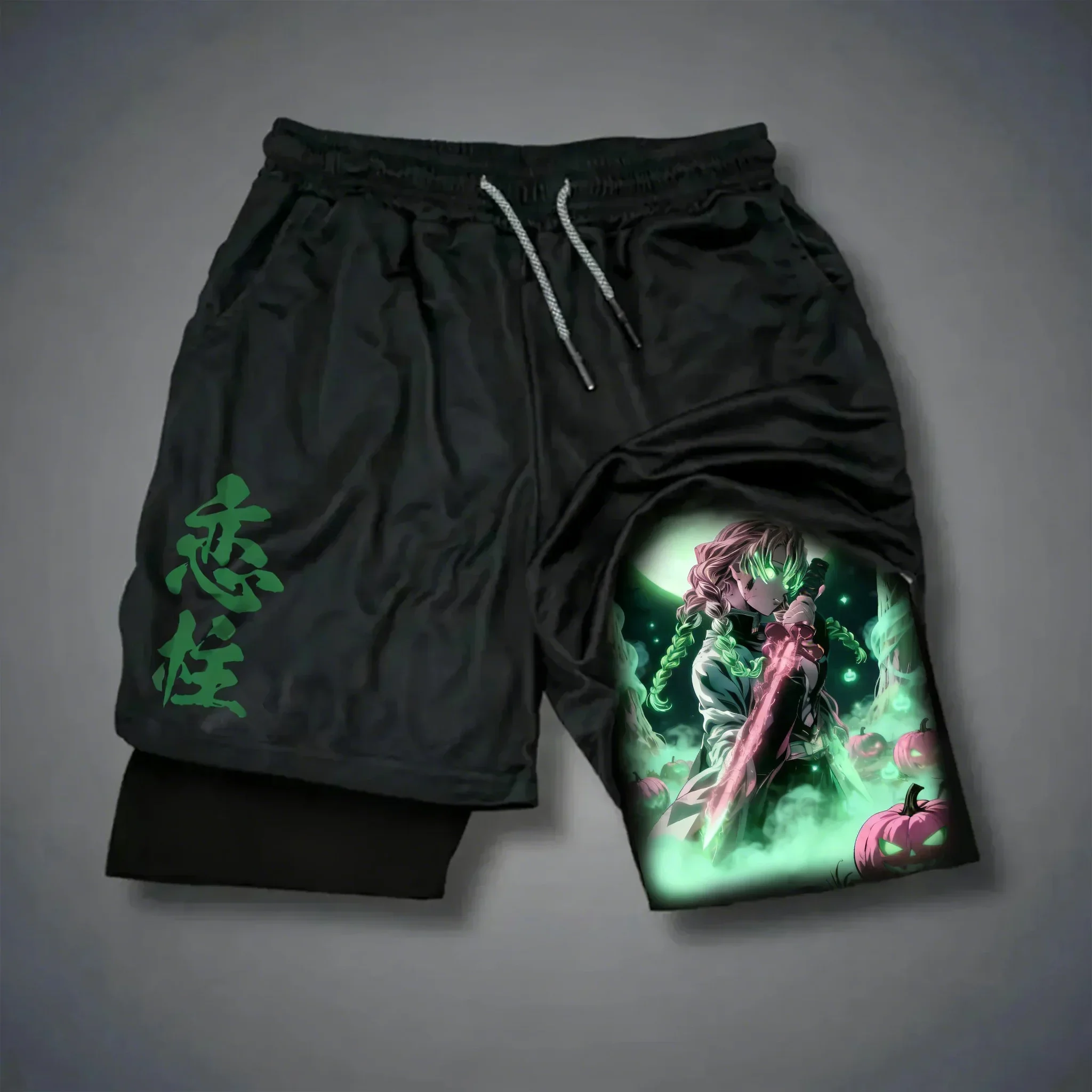Demon Slayer Anime Kanroji Mitsuri Co-Branded Shorts Herren-Sommer-Fitness-Shorts, atmungsaktiv, schnell trocknend, 2-in-1-Shorts