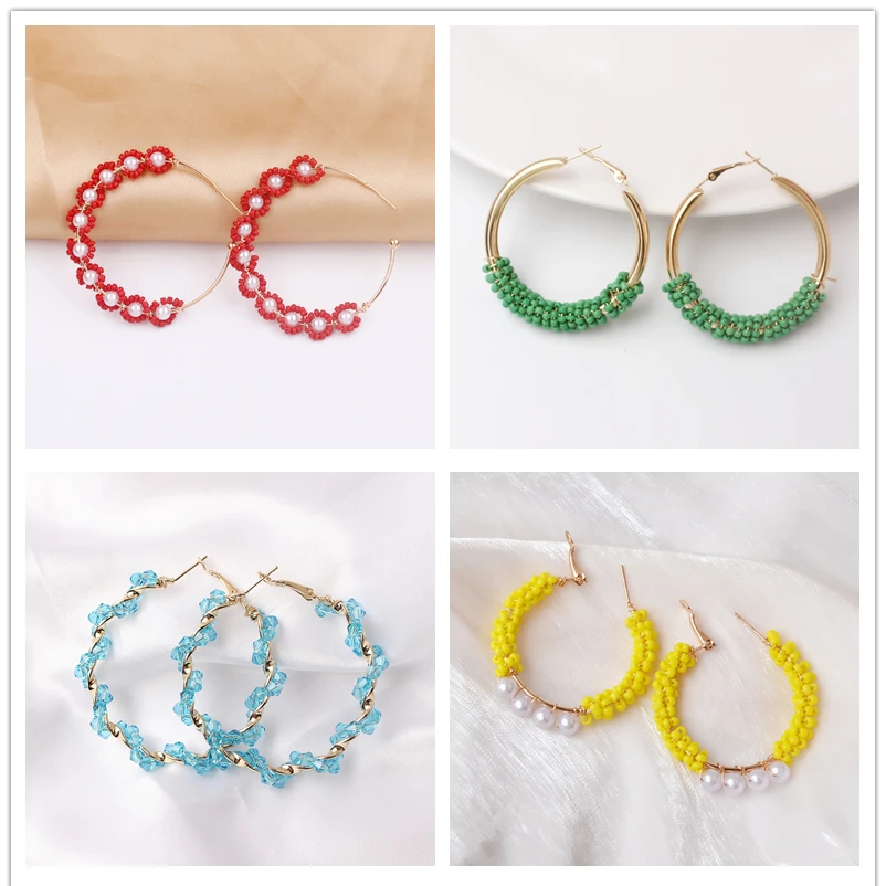 Korean Crystal Beads Pearl Big Hoop Earrings for Women Colorful Circle Loop Earring Brincos Sweet Wedding Jewelry Christmas Gift